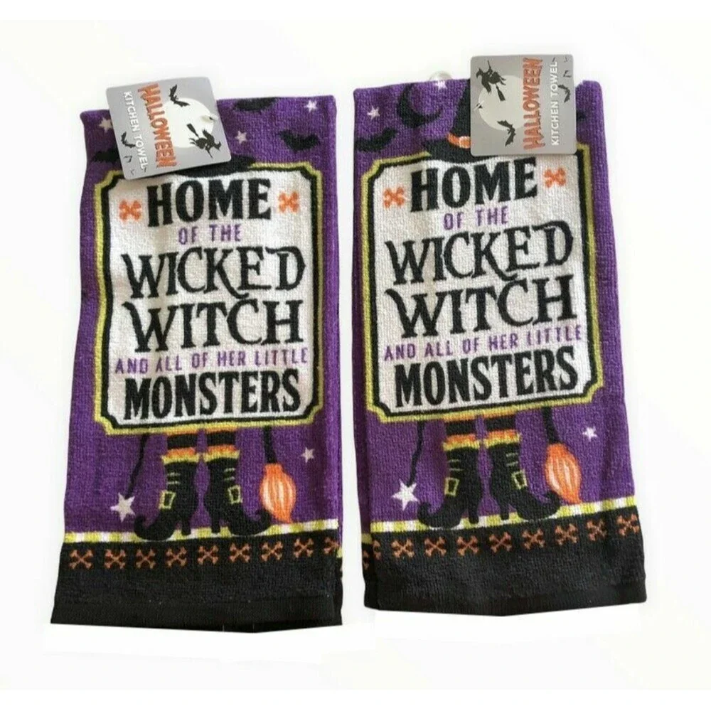 Halloween Trick Treat Kitchen Dish Towels Home of Wicked Witch Monster Set of 2